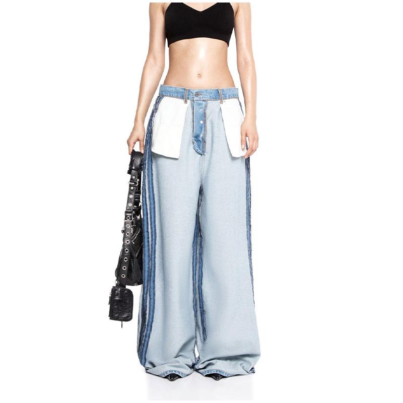 Jeans Patchwork para Mujer Cintura Alta Pierna Recta Pantalones Largos Diseño Antidesgaste Azul Claro Deslavado Pantalones de Verano