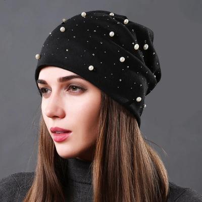 Women Shine Pearl Rhinestone Hat Solid Color Beanie Warm Cap Spring Autumn Casual Female Beanies Warm Caps