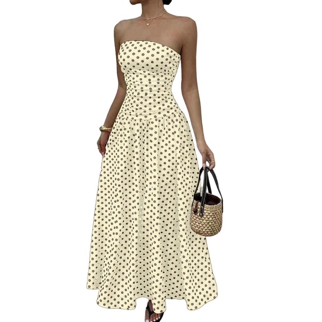 Women Off Shoulder Polka Dot A Line Dress Elegant Waist Slimming Midi Evening Gown Strapless Flowy Party Dress