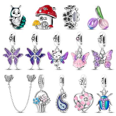 Charms Beads Copper Butterfly Tulip Cherry Blossom Mushroom Cat Pendants Fit Bracelet Bangle Women Diy Jewelry Gift