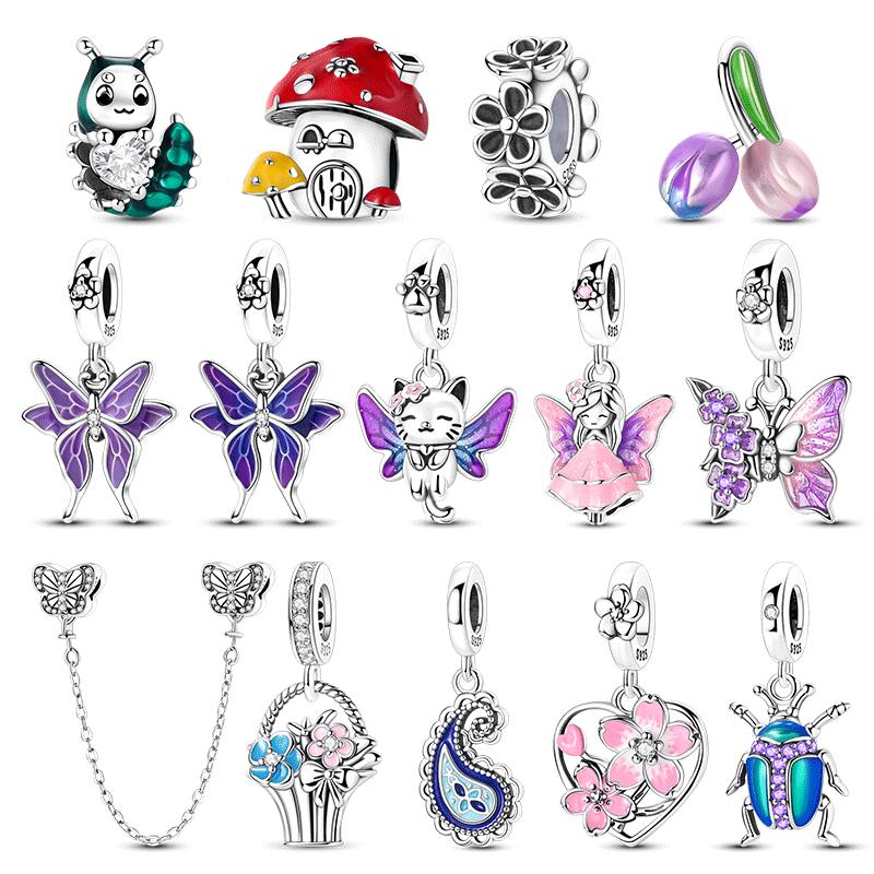 Charms Beads Copper Butterfly Tulip Cherry Blossom Mushroom Cat Pendants Fit Bracelet Bangle Women Diy Jewelry Gift