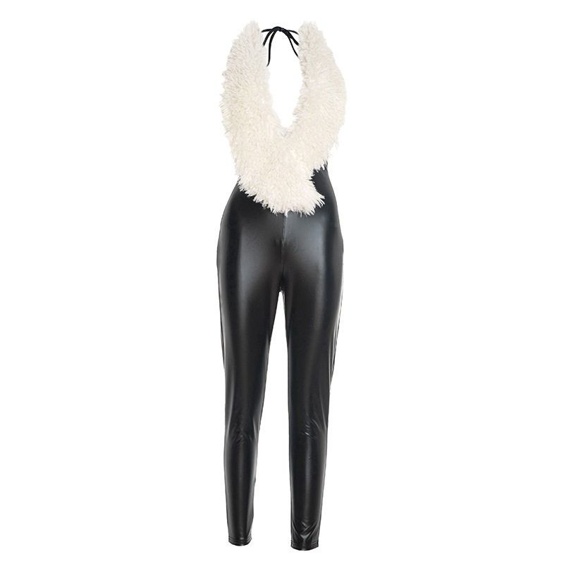 

J25Jp360 European and American Cross-Border Women s Fashion Sexy Hot Girl Style Patchwork Fur Collar Halter Neck Tie-Back Jumpsuit Long Pants Black S