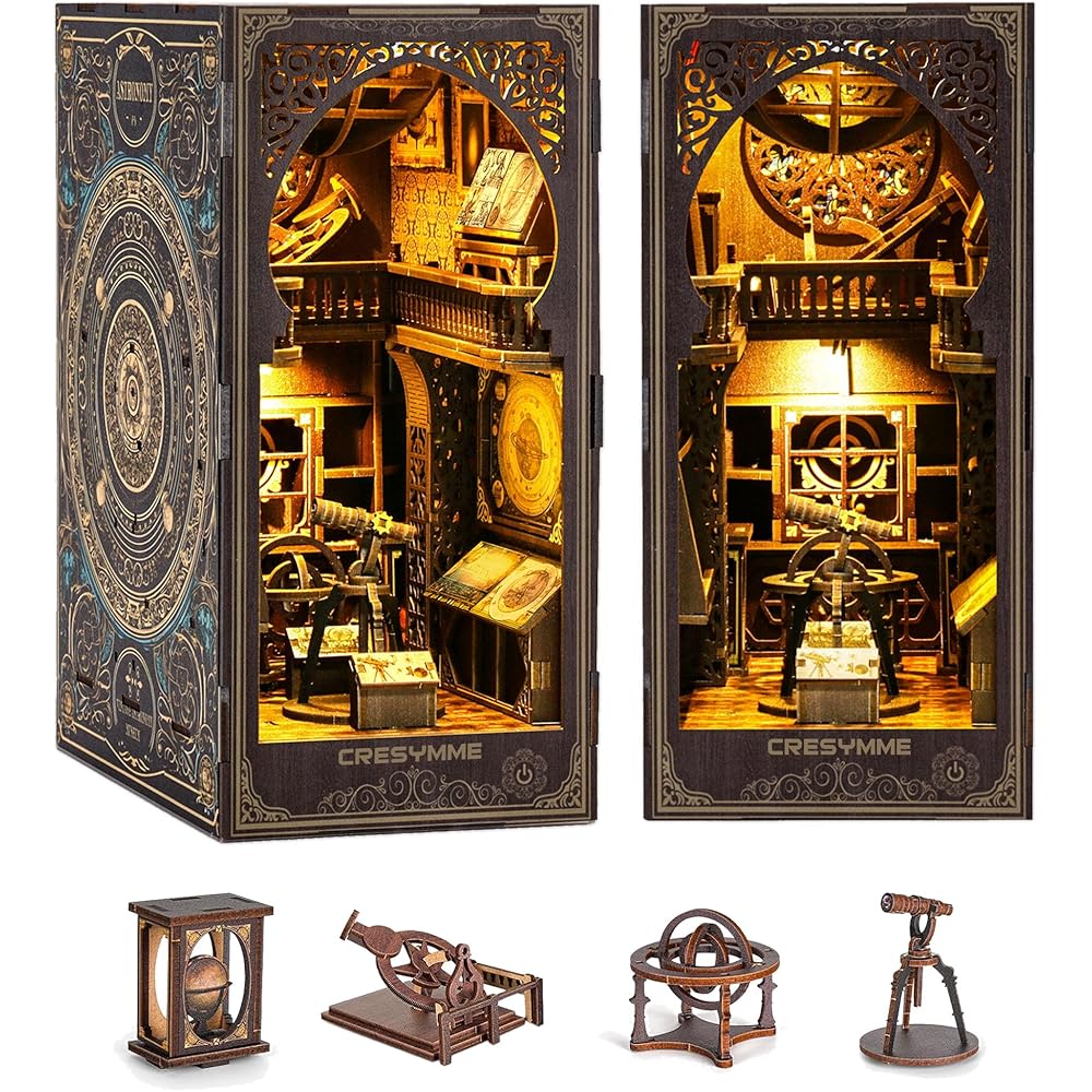 CRESYMME Miniature Dollhouse Book Nook Kit Wooden DIY 3D Model Astronomy Museum