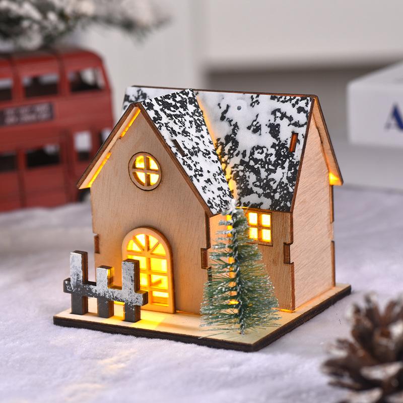 LED Wooden Christmas House Village Unfinished Xmas Snow House DIY Wood Chalet Tree Ornaments Christmas Table Centerpieces