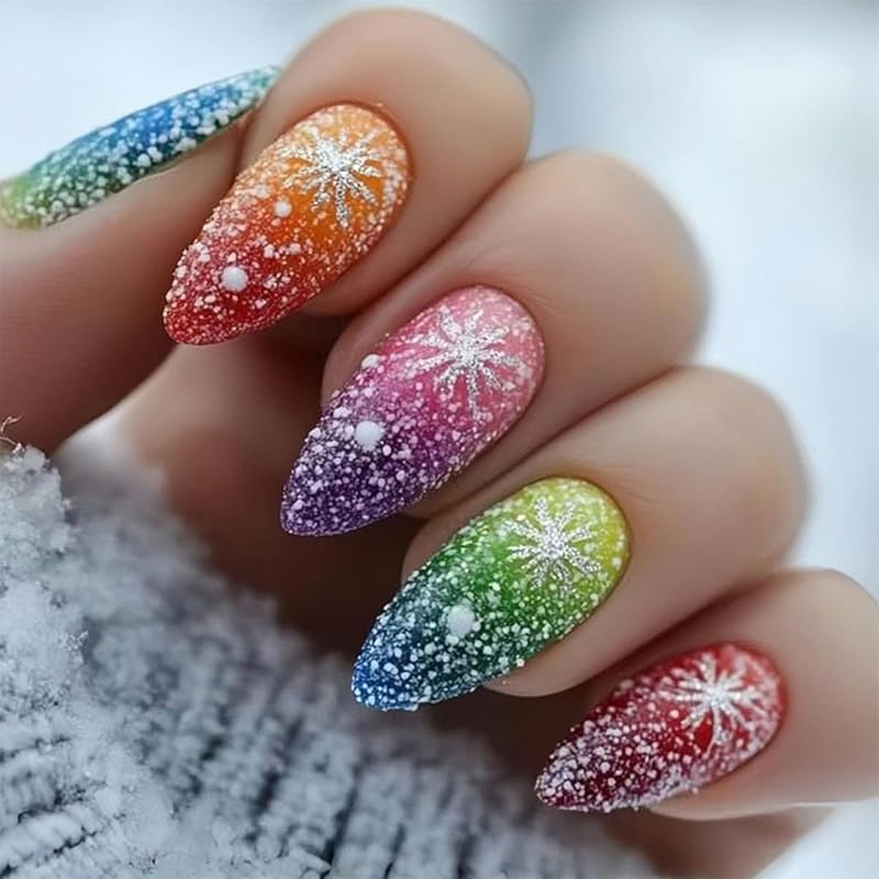 Christmas Cute Press On Nails Square Fake Nails Winter False Nails with Snowman Snowflake Designs Medium Glue On Nail Gloss Xmas Reusable Acrylic