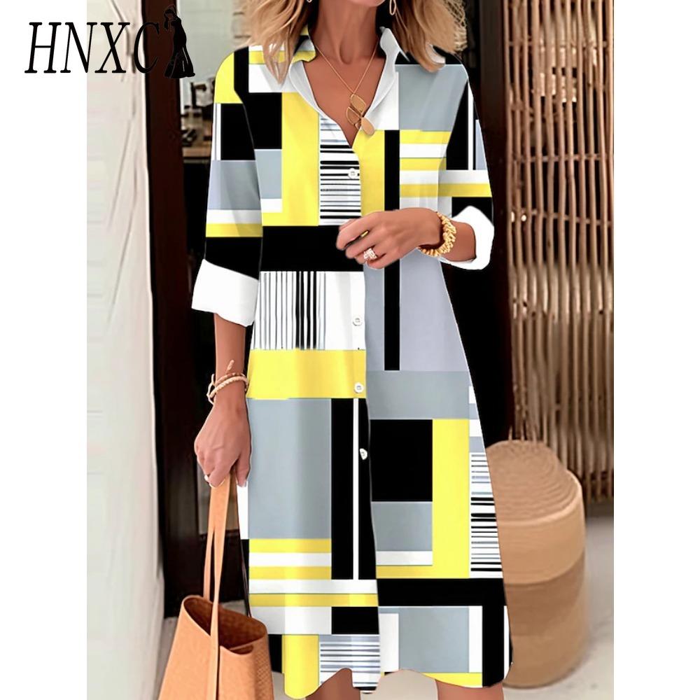 HNXC Women Fashion Spring Autumn Color Block Print Long Sleeve Polo Collar Loose Waist Casual Dresses