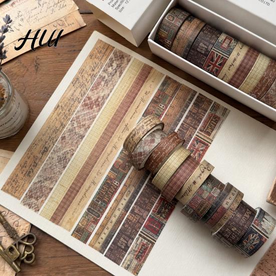 Scrapbooking Tape 10 Rolls Washi Set, Retro Plaid Cartoon Adhesive Tape, Decorative Masking for DIY Art Crafts, Journaling, Scrapbooking, Gift