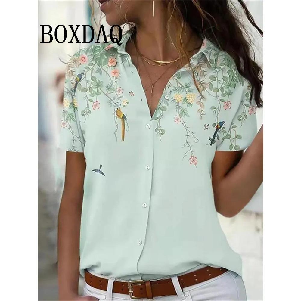 Summer Chic Women's Lapel Short-Sleeved Loose Shirts Spring Single-Breasted Tops Casual Flower Printed Blouses Women's Clothing