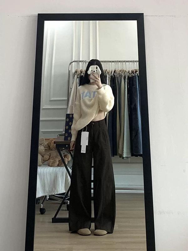 Women's Coffee-Colored Wide-Leg Jeans - High-Waisted, Slimming, American Retro, Autumn/Winter Style, Floor-Length with Good Drape