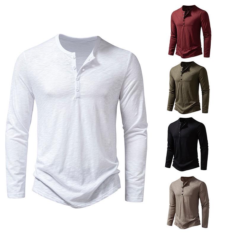 Men's Bamboo Cotton Henley Long-Sleeve T-Shirt - Spring Fashion Casual Top