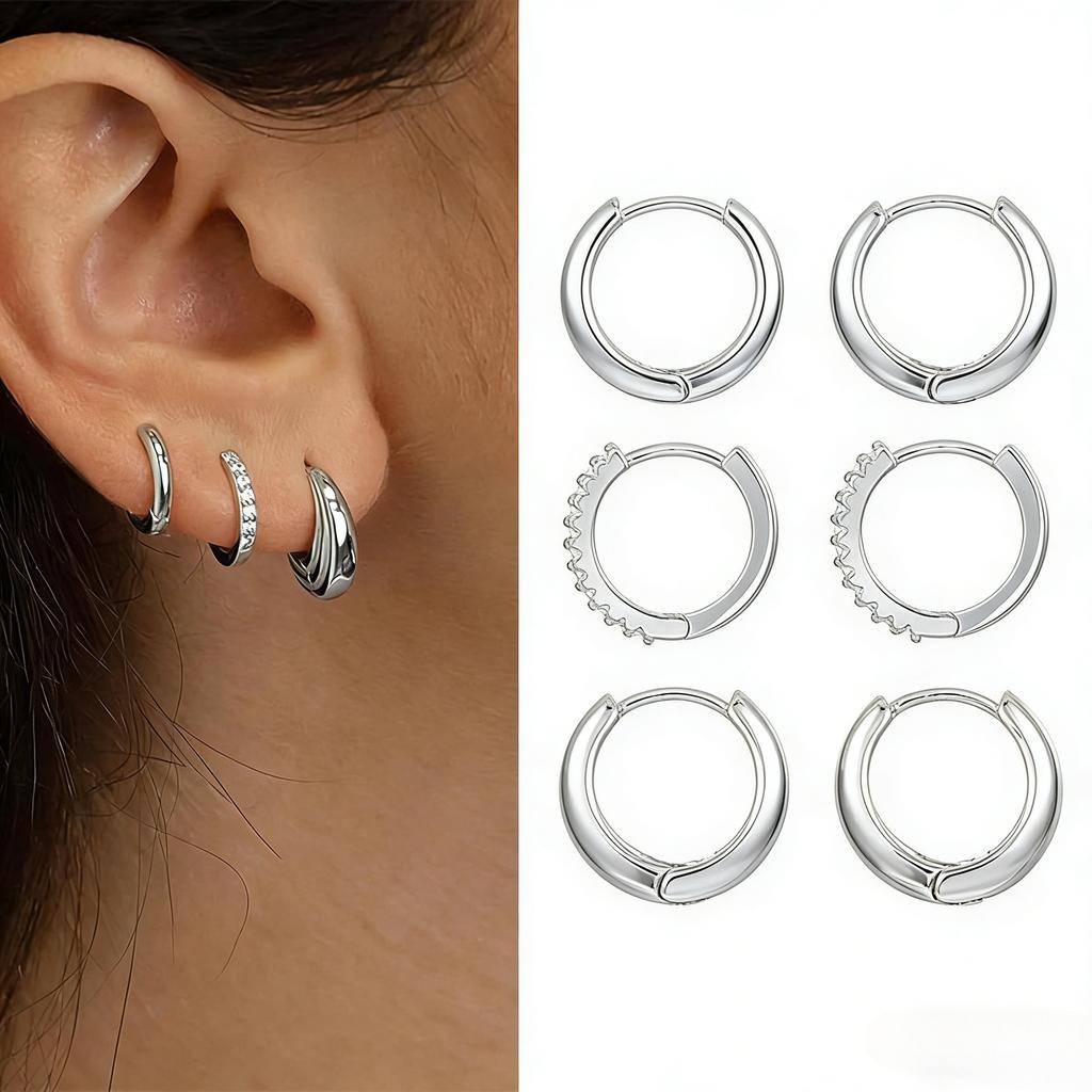 3/6Pcs Minimalist Stainless Steel Huggie Hoop Earrings Set Women Fashion Dainty Round Zircon Drops Earrings Daily Wear Jewelry