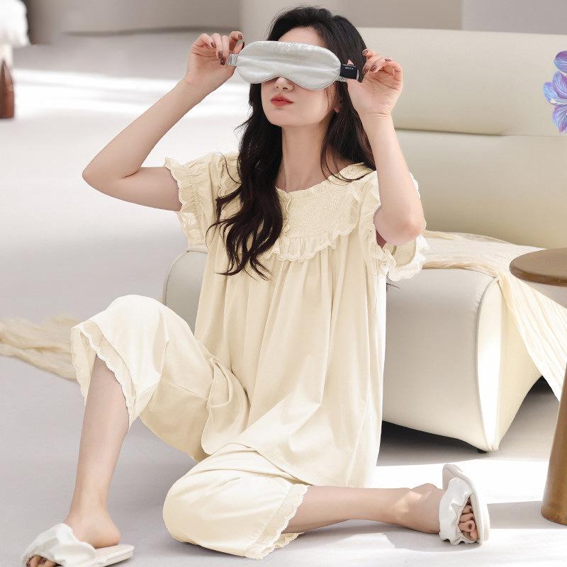 Pajamas with Chest Pads, Women's Summer Cotton Short-sleeved Cropped Pants, Thin Princess Style 1011 New Summer Loungewear