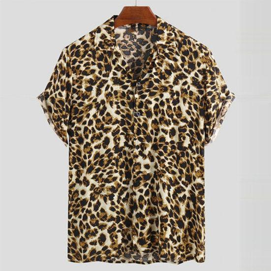 Men Summer Lapel Short Sleeve Shirt Top Leopard Print Single-Breasted Thin Hawaiian Beach Casual Shirt Streetwear