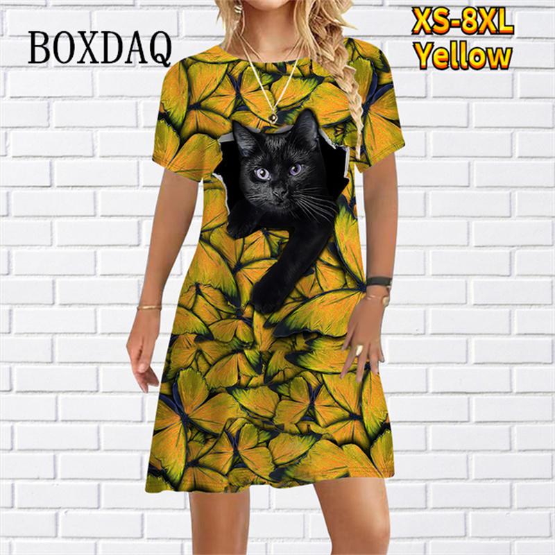 Funny Cute Cat Print Loose Dress For Womens Girls Casual Short Sleeve Cartoon Mini Dress Summer New Beach Party Sundress