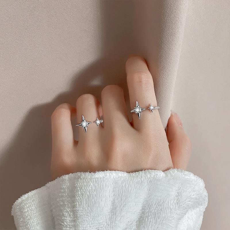 PANJBJ 925 Sterling Silver Four-pointed Star Shining Zircon Ring High-end Personalized Opening Adjustable Jewelry