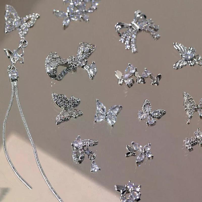 New Butterfly Zircon Rhinestone Nail Accessories Sparkling Rhinestone Bow Tie Chain Luxury French Nail Decoratio