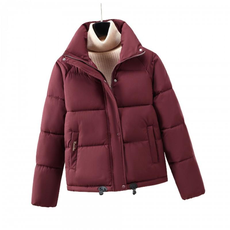 Womens Short Puffer Coat Winter Warm Loose Fit Cotton Jacket Stand Collar Solid Color Urban Street Style
