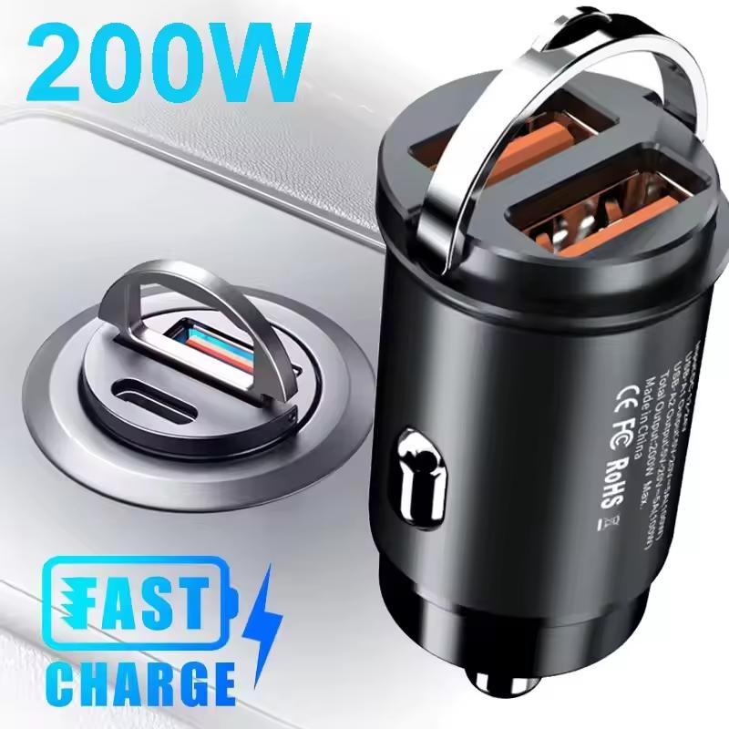 Mini 200W PD QC Pull Ring Fast Charging Car Charger USB C Car Phone Charger Adapter For iPhone 13 12 Xiaomi Samsung Huawei Power