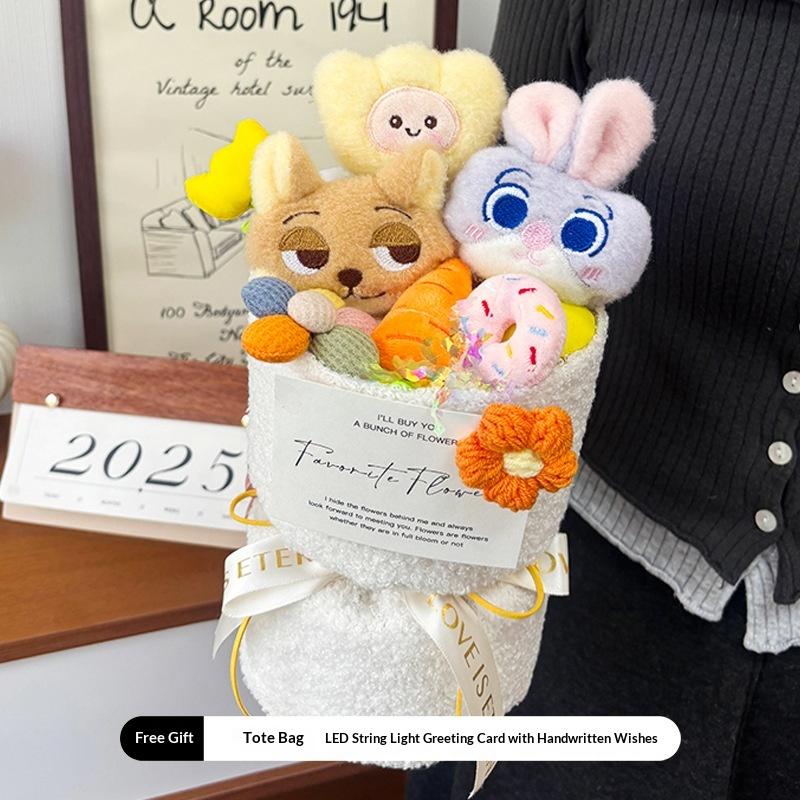 Hot Zootopia 2 Plush Flower Bouquet - Nick & Judy Stuffed Animal Doll Arrangement, Cartoon Character Gift Set, Detachable