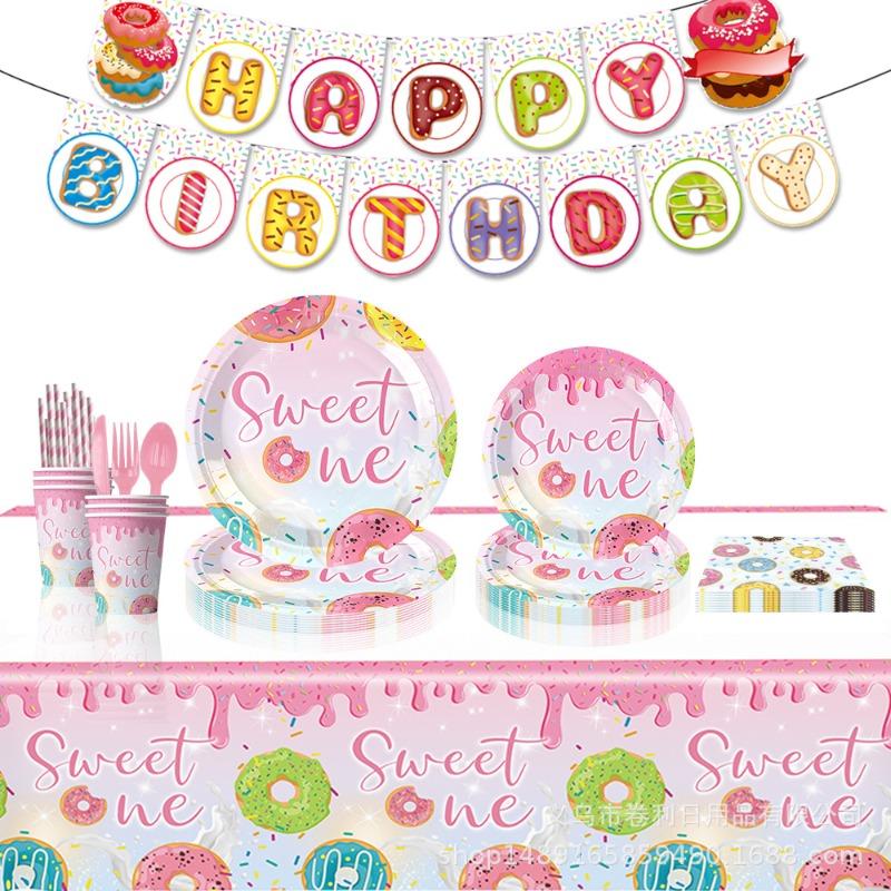 New Donuts Party Supplies Birthday Decorations Cutlery Paper Plates Tissue Tablecloths Banners Party Supplies