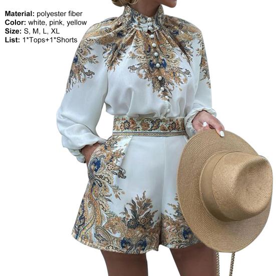 1 Set Women Shirt Shorts Set Vintage Pattern Print Turtleneck Two-piece Single Breasted Long Sleeve Top Pocket Shorts Office