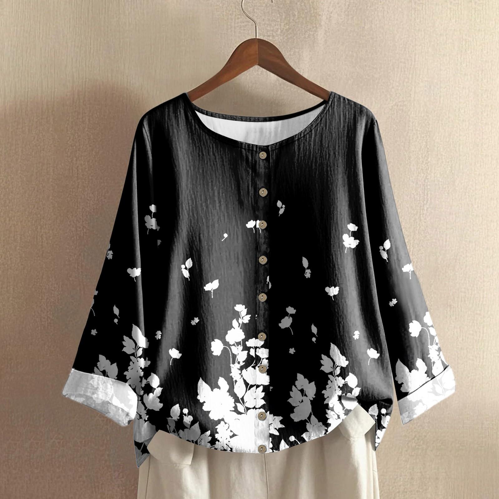 

Women s Casual Long-sleeved Round-neck Retro Gradient Printed Cotton And Linen Top L чорний