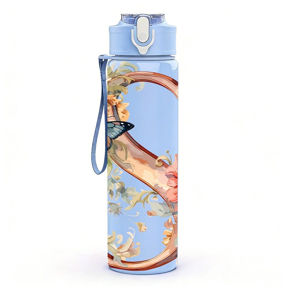 1PC Floral Letter S Soft Vintage Flower Art 750ml Color Plastic Sports Water Bottle Leakproof Flip Straw Lid Suitable for Sports Office Home Use
