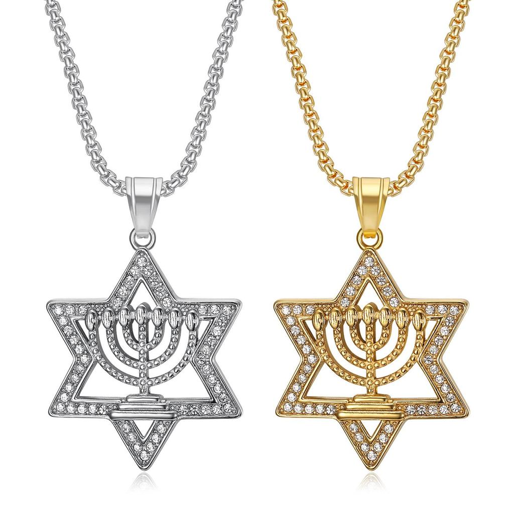 Zirconium Hexagonal Star Pendant Titanium Steel Hip Hop Men Necklace European American Middle Eastern Style Jewelry