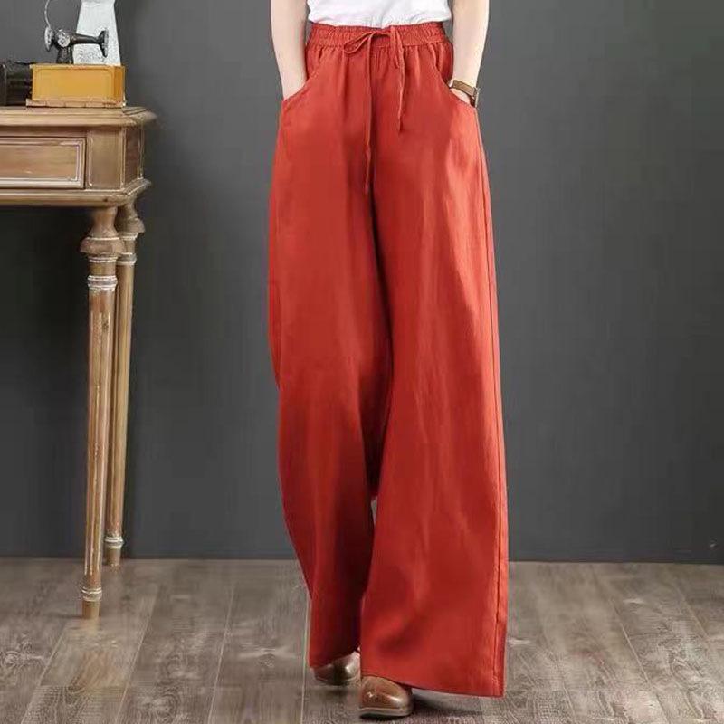 2025 Women's Plus Size Cotton Linen Wide-Leg Trousers - High Waist, Loose Fit, Straight Leg, Casual Summer Pants