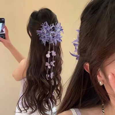 Floral Tassel Hair Clip Large Decorative Hair Claw with Hanging Beads and Flower Design for Women Girls Hair Accessories
