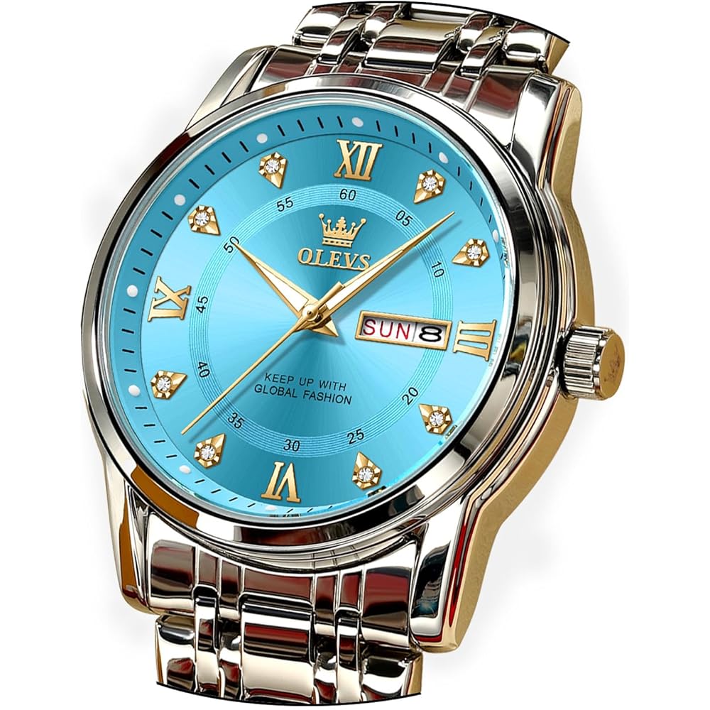 OLEVS Men s Quartz Watch Blue Waterproof Calendar Stainless Steel Silver