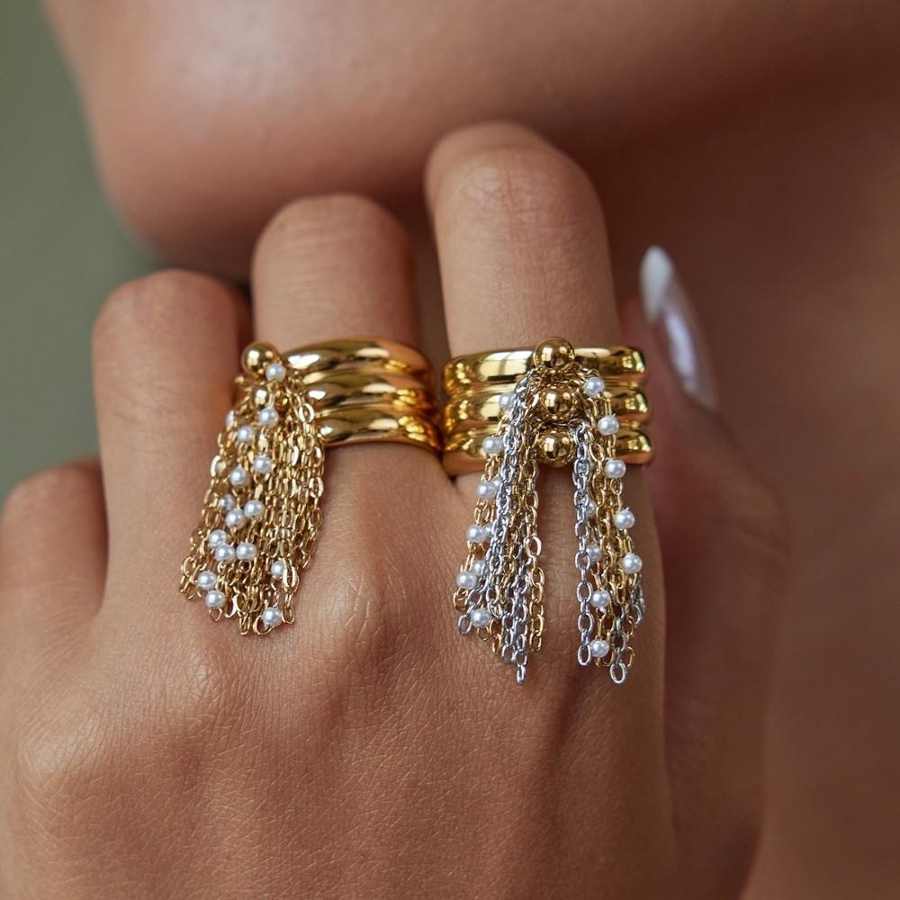 Three-Layer Tassel Ring Beaded Chain Open Finger Ring Gold Color Plated Ring Jewelry Accessories
