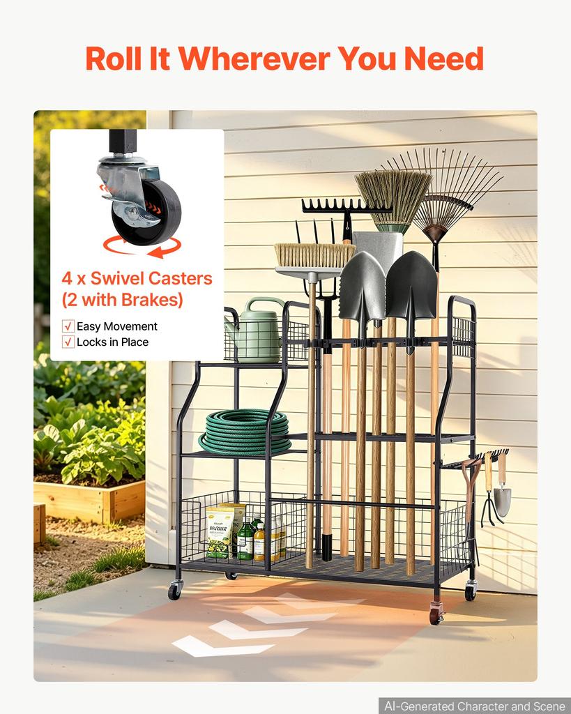 VEVOR Garden Tool Organizer with Wheels, Large Metal Garage Storage Rack, for Rakes/Shovels/Brooms