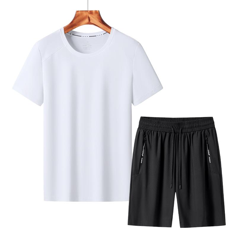 Ice Silk Quick-drying T-shirt Men's Five-piece Pants Two-piece Set Breathable Round Neck Short-sleeved Suit Men's Sports Shorts Suit