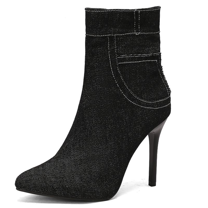 Модные женские ботильоны сексуальные с острым носком черные синие короткие на высоком каблуке на молнии танцевальная обувь для вечеринок большой размер 45 новинка 2024 года осень 39 5698₽