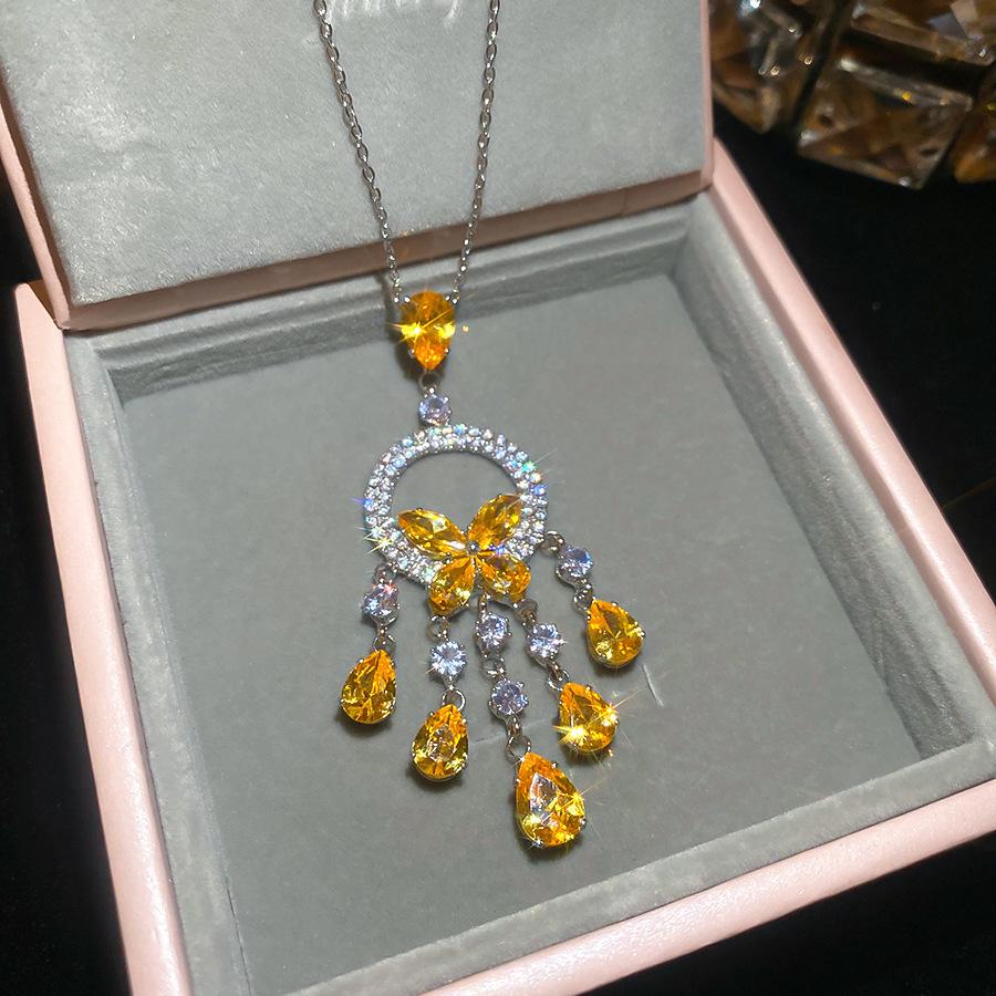 Silver Needle Diamond Zircon Round Butterfly Water Drop Tassel Earrings Necklace Set Accessories Women