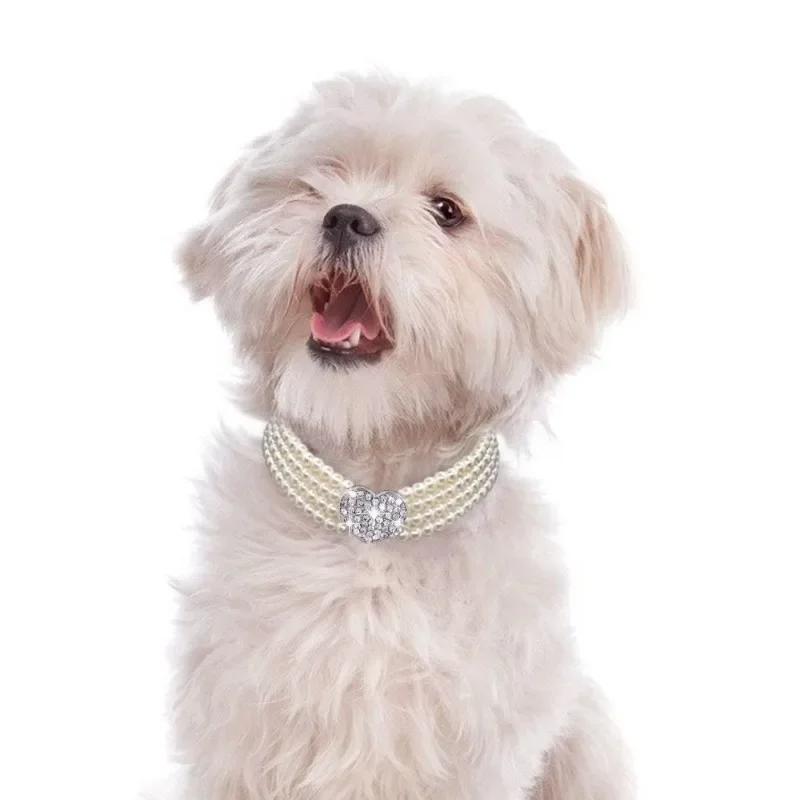 S/M/L 4 Rows Dog Cat Pearls Necklace Bling Rhinestone Heart Decor Collar Necklace Pet Puppy Jewelry Accessories