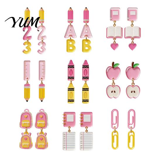 Personalized School Life Ornaments 1 Pair Teacher Earrings for Women, Cute 2D Acrylic Crayon Pencil Backpack Fun Back to Jewelry Number Alphabet