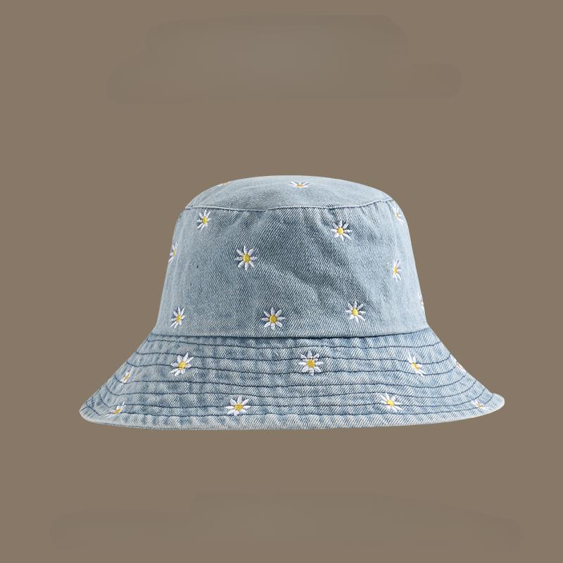 Hat Women's Outdoor  Versatile Breathable Denim Bucket Hat Fashion Chrysanthemum Embroidery Pattern Wide Brim Sunshade Basin Hat
