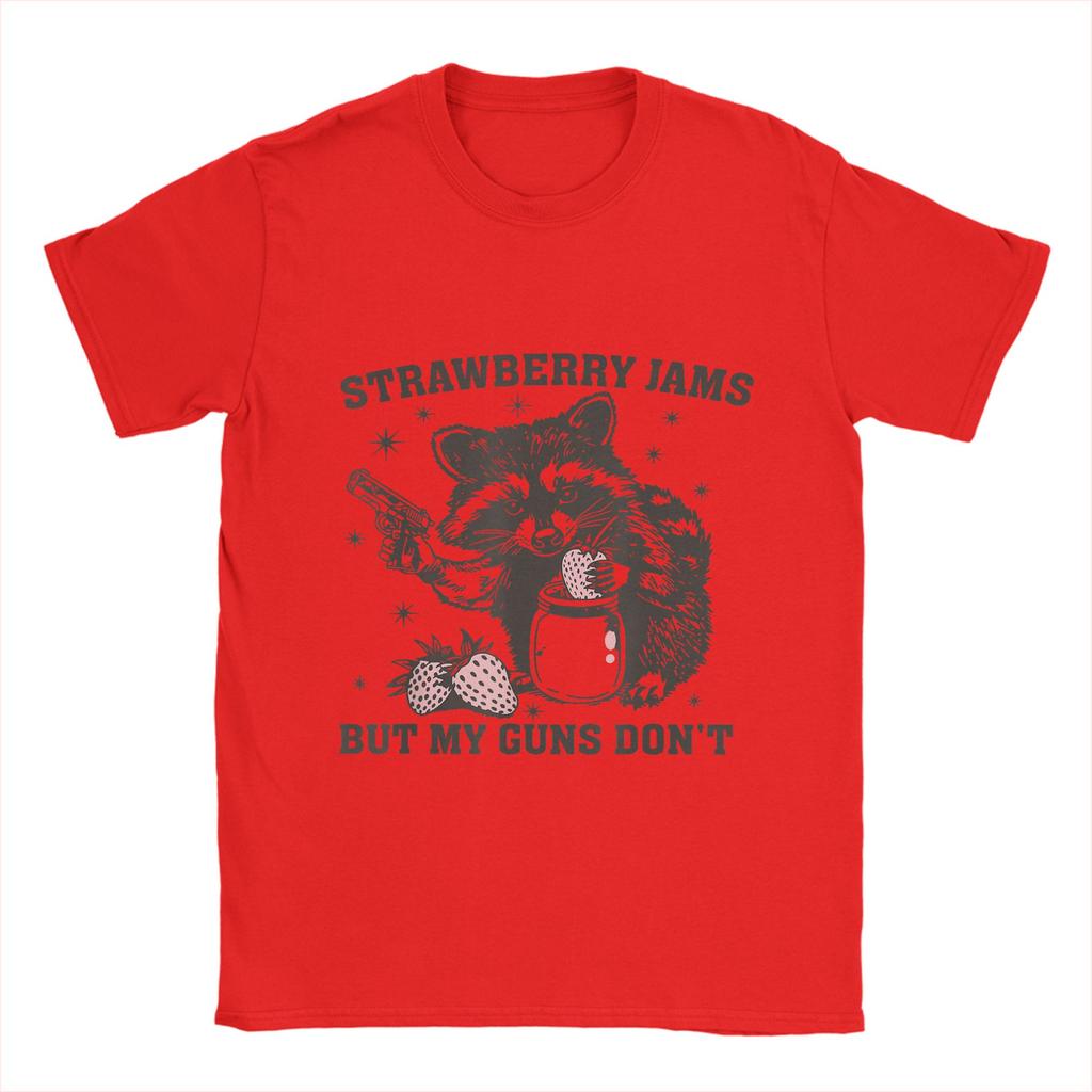 Men Strawberry Jams But My Don't Funny Raccoon T Shirt  100% Cotton Tops Leisure Short Sleeve Crewneck Tees Plus Size T-Shirts
