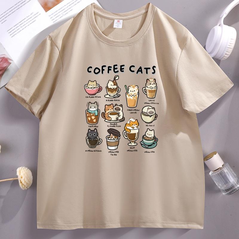 Coffee Cats T Shirt Funny Kawaii Cats Cotton Short Sleeve Round Neck Printed Tshirts Printed Summer Tshirt Casual Loose