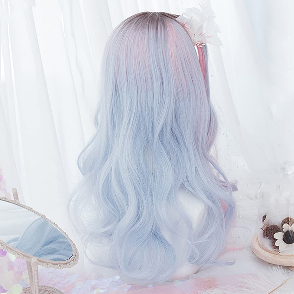 Harajuku Style Lolita Wig, Long Curly Two-Tone Wig (Blue & Pink), Heat-Resistant Cosplay Wig for GAL, Gothic Lolita, Party, Daily Wear, 54cm