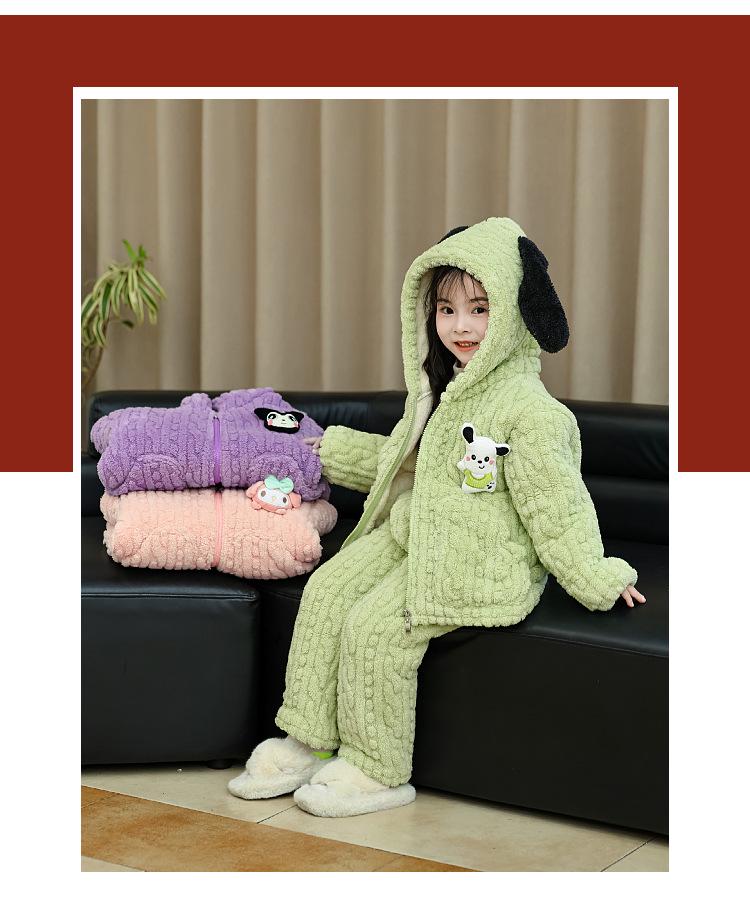 Girls' Cartoon Fleece-Lined Pajama Set - Warm Winter Wear for Babies & Kids