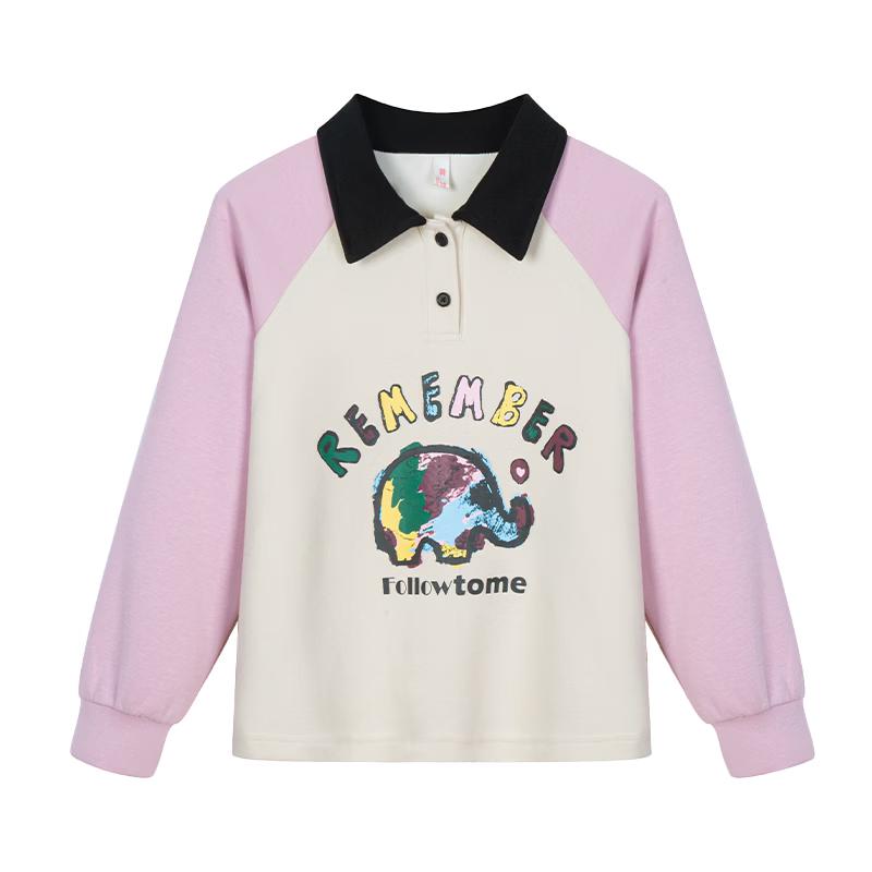 Fulomi Girls  Cartoon Print Raglan Sleeve Polo Sweatshirt 165