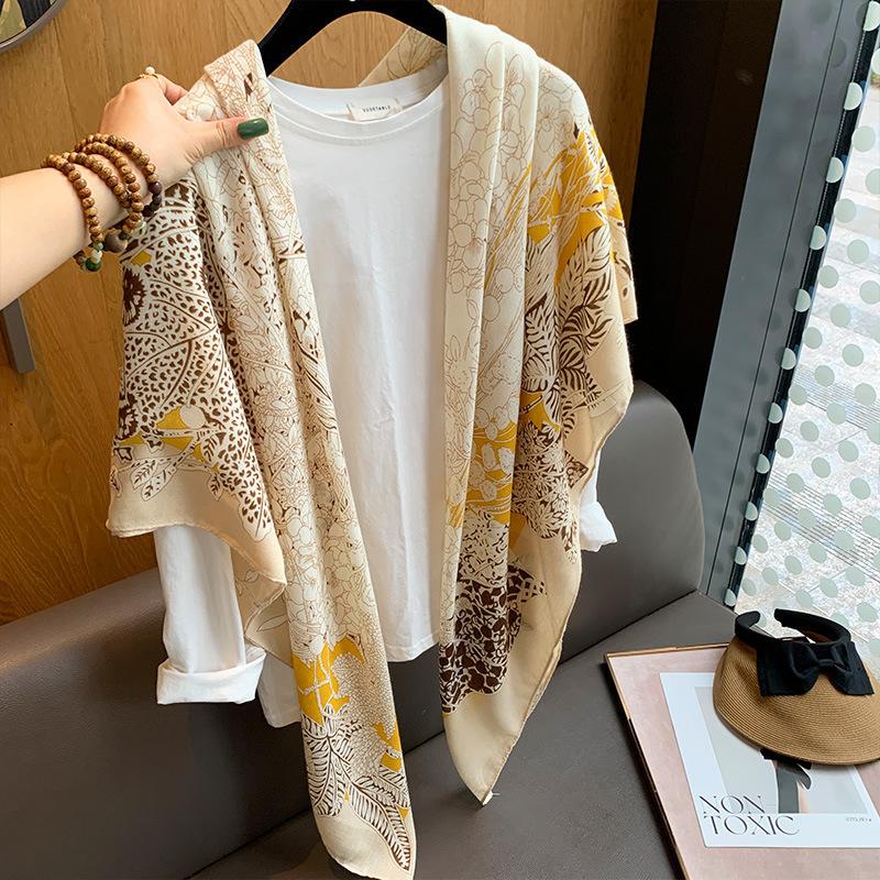 Blue Retro 130 Square Scarf Summer Air-Conditioned Room Shawl Sunscreen Silk Scarf Spring And Autumn Linen Scarf