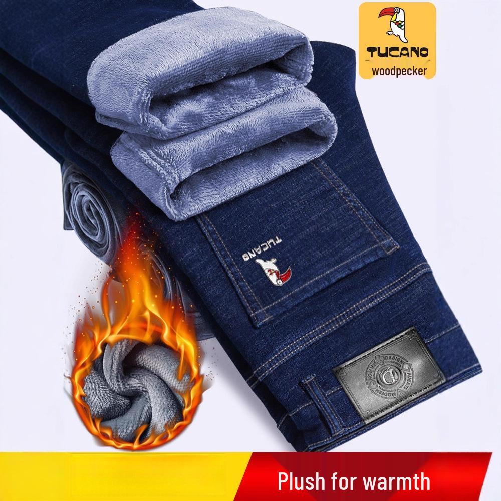 Woodpecker Men's Fleece-lined Straight Leg Stretch Jeans - Loose Fit, Plus Size, Warm Casual Pants for Autumn/Winter