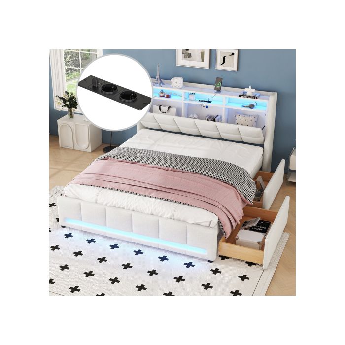 Lit - MUVOE - 140 x 200 cm - Rembourré en lin beige - Éclairage LED - Prise USB intégrée