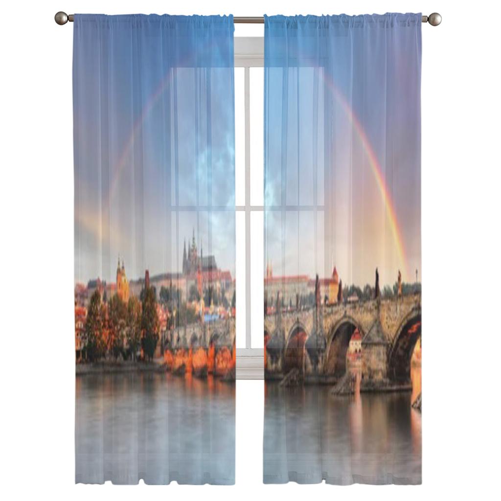 Prag Stadt Tüll Transparente Fenstervorhänge für Wohnzimmer Das Schlafzimmer Moderne Chiffon Voile Organza Vorhänge Dekor Vorhänge