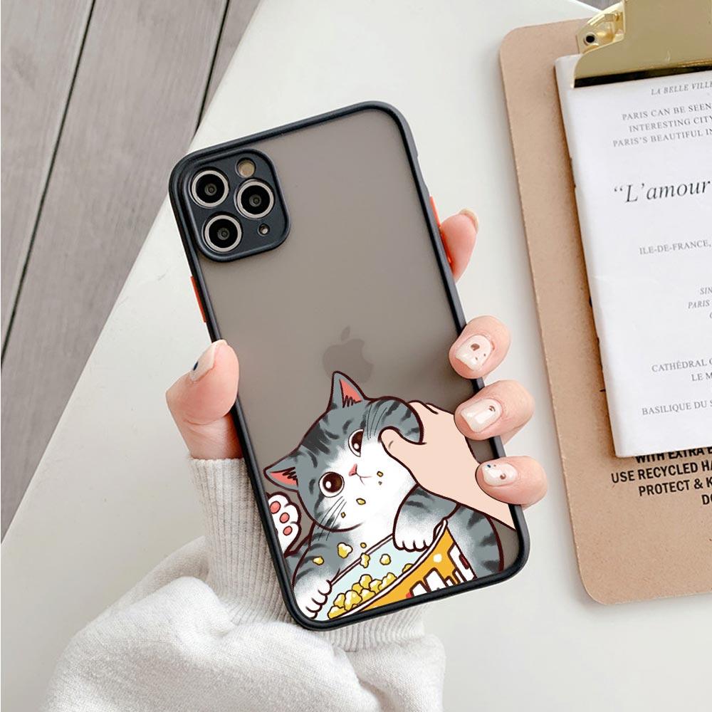 Animal Shockproof Matte Phone Case For Iphone 11 12 13 Pro Max Mini 7 Plus XR X S Cover Cute Pinched Face Eat Snacks Cat Cosplay