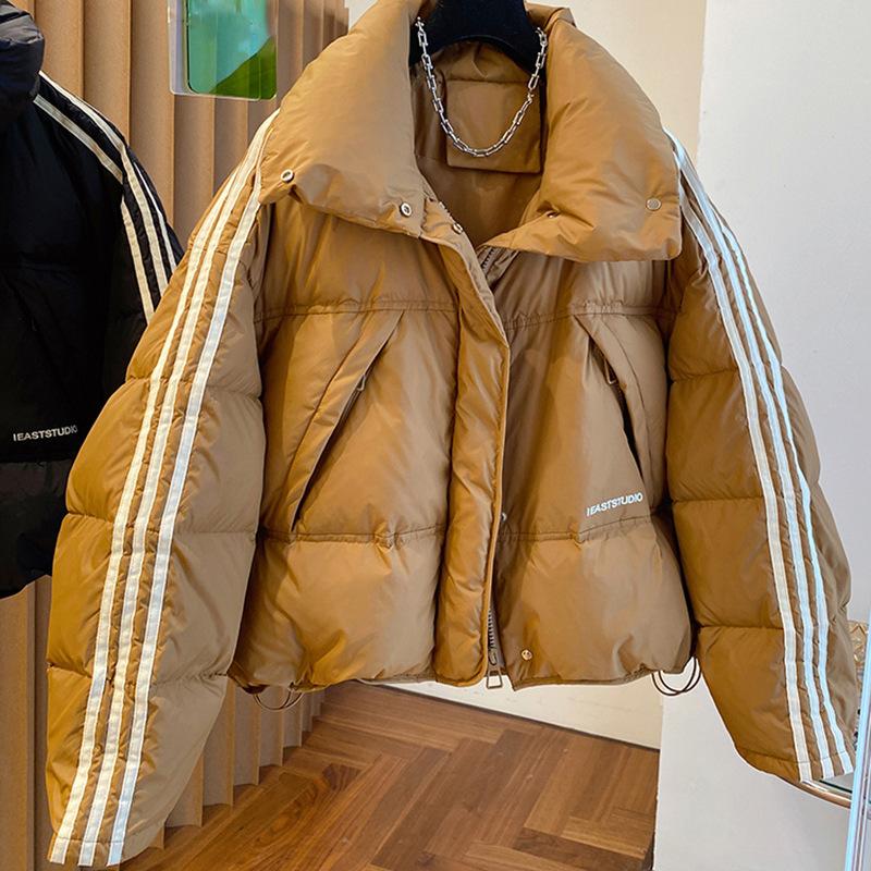 Down jacket women's 2024 autumn and winter new short striped design sense three bars loose stand-up collar winter trendy coat